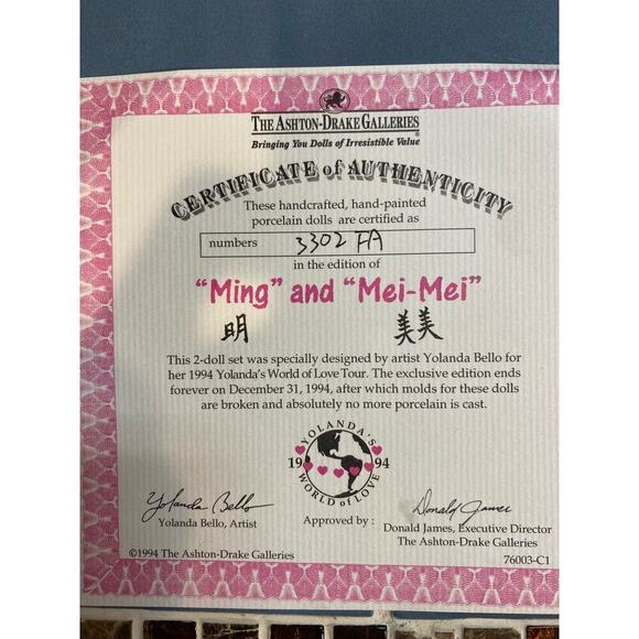 Ashton Drake Galleries Ming&Mei Mei 1994 Yolanda Bello Signed Dolls COA:… - Picture 4 of 14